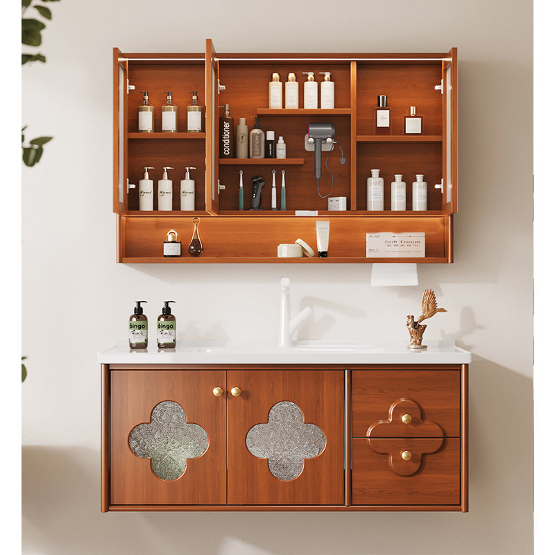 Meuble-lavabo flottant en bois d'eucalyptus de style moyen-antique avec comptoir en pierre frittée