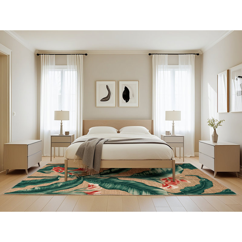 Machine Washable Botanical Beige Area Rug, Rectangle 5' x 8'