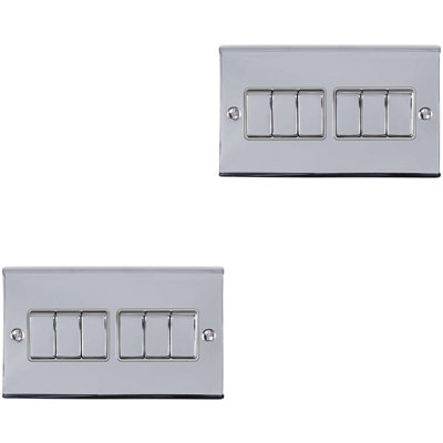 2 PACK 6 Gang Metal Multi Light Switch SATIN STEEL 2 Way 10A White Trim
