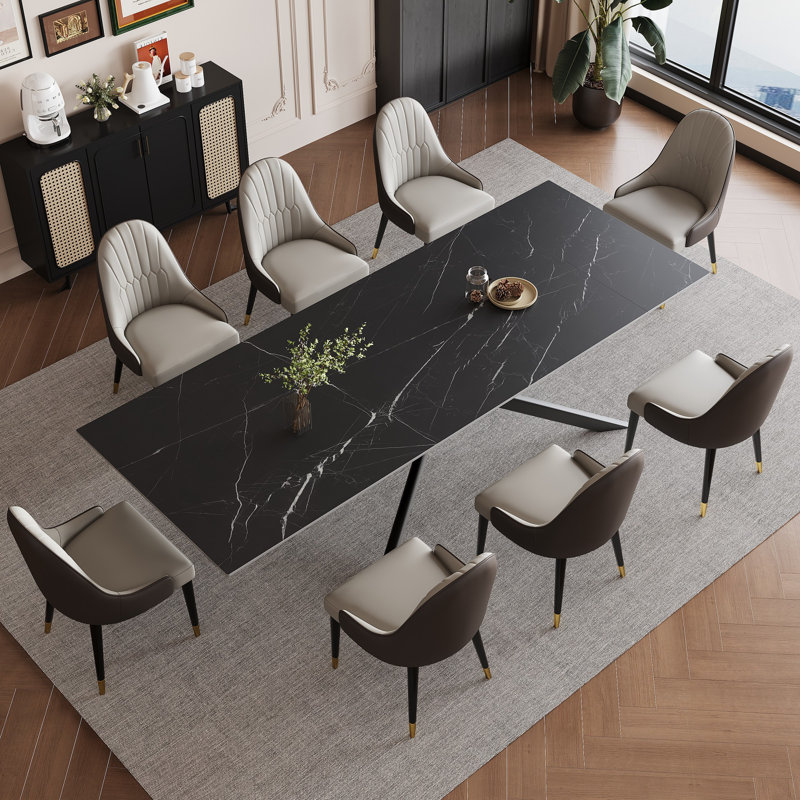Vetler 9 - Piece 110.23'' Extendable Rectangular Sintered Stone Dining Table with 8 Leather Chairs Dining Set, Black