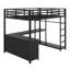 Lit mezzanine en métal avec cubes de rangement et tablettes, garde-robe et bureau en L