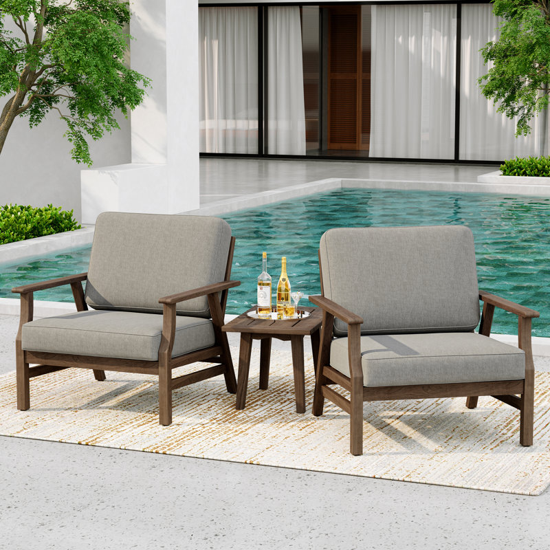 Keegan Solid Wood Outdoor Three Pieces Chair Conversation Seating Group With Cushions And Side Table, Brown, Light Camel