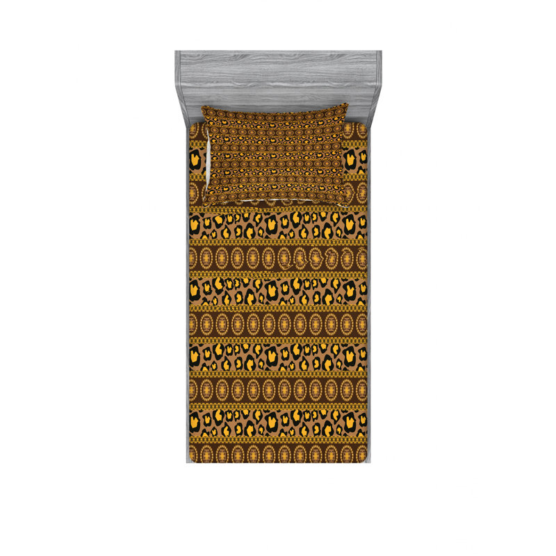 Ensemble de draps Ornament, Ensemble de draps pour lit simple avec un drap-hou, Brun / jaune, motif floral 2