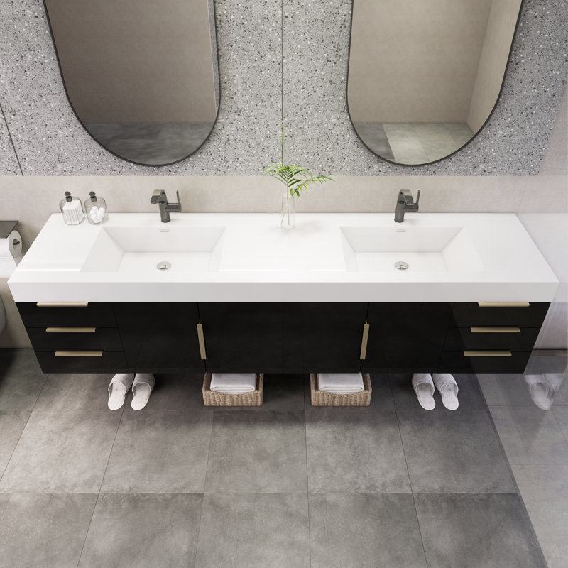 Natrona 83.4 " W Wall Mounted Wall Mounted 2 Double Vanity Bathroom Vanity With Acrylic Top, High Gloss Black