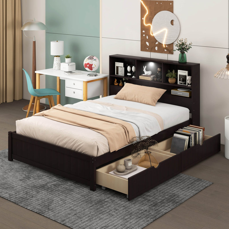 Wood Platform Bed With Bookcase Headboard, Built-In Downlight, Full, Expresso