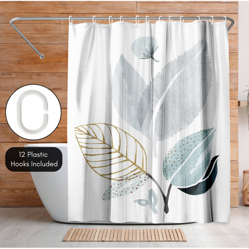 White and Gold Botanical Polyester Shower Curtain, 71" x 74"
