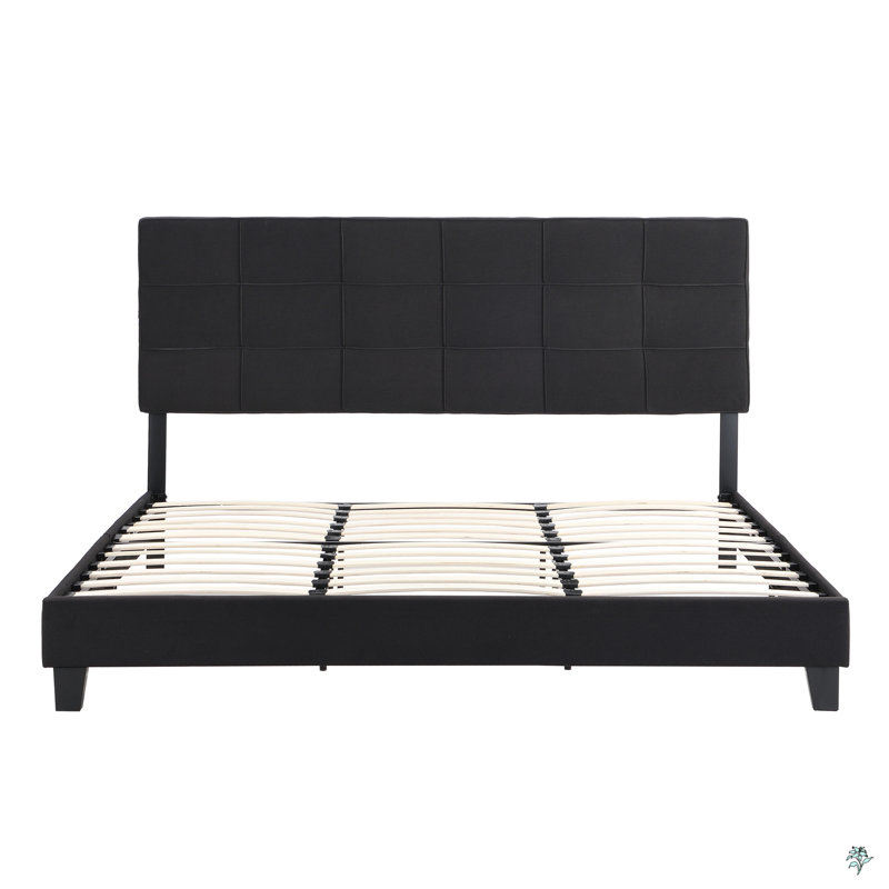 King Size Upholstered Platform Bed Frame With Linen Fabric Headboard, No Box Spring Needed, Wood Slat Support, Easy Assembly