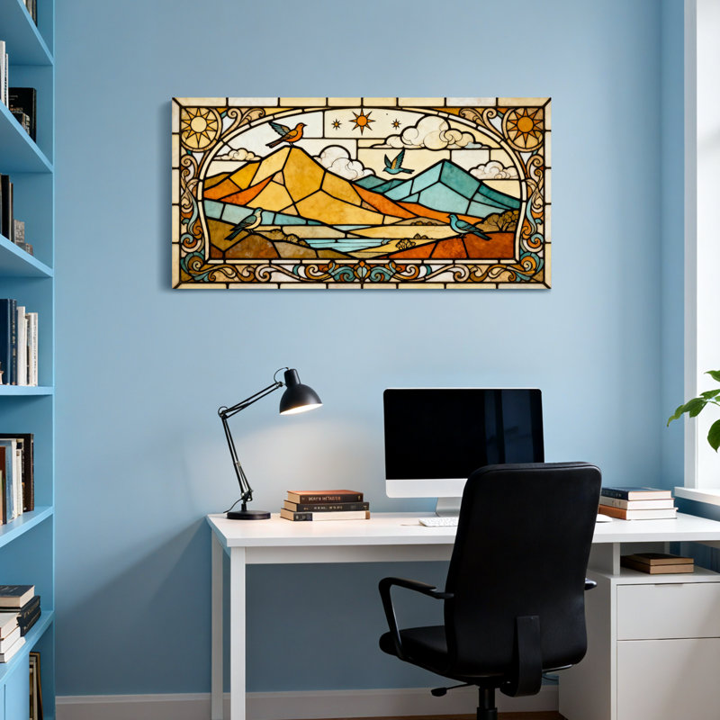 Vitrail tendance paysage de montagne avec oiseaux, H 20 po x l 40 po