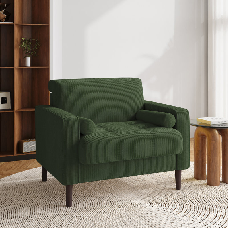 Green Corduroy Upholstered Accent Chair with Wood Legs
