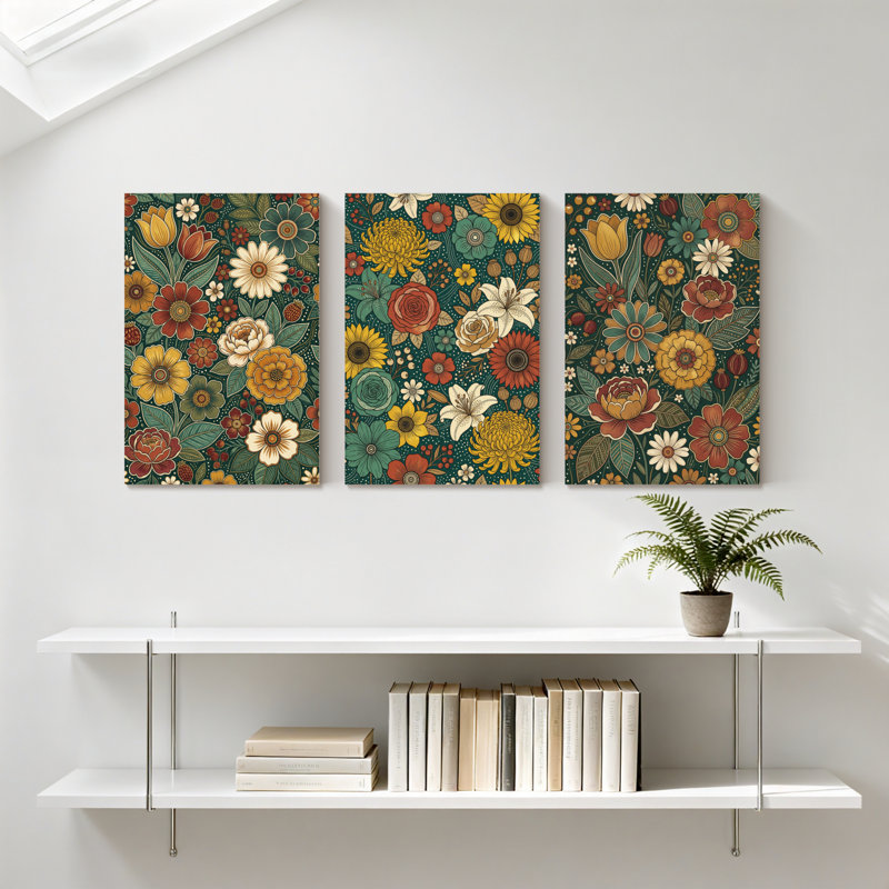Plantes et fleurs, motif floral avec couleurs vives et feuilles, ensemble de 3 impressions sur toile, H 18 po x l 36 po
