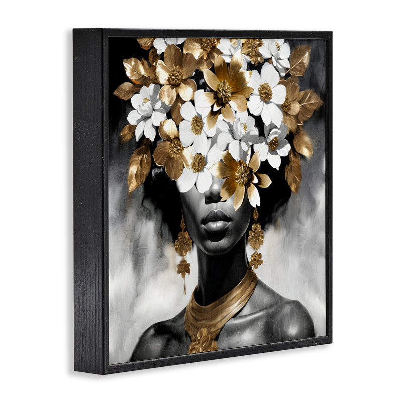 Femme et fleurs dorées, estampe numérique par Kim Allen, H 12 po x l 12 po, Giclée encadrée noir minuit