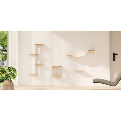 Mobilier mural pour chat 4 pièces avec pont, marches et arbre à chat en corde, structure en panneaux de particules, espace de repos confortable, zone de confort
