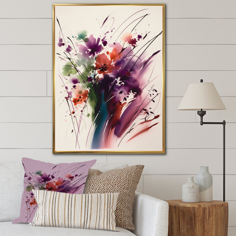 Keyva, bouquet de fleurs mauves et vertes Elegance III sur toile, H 20 po x l 12 po x P 1 po, Cadre flottant doré