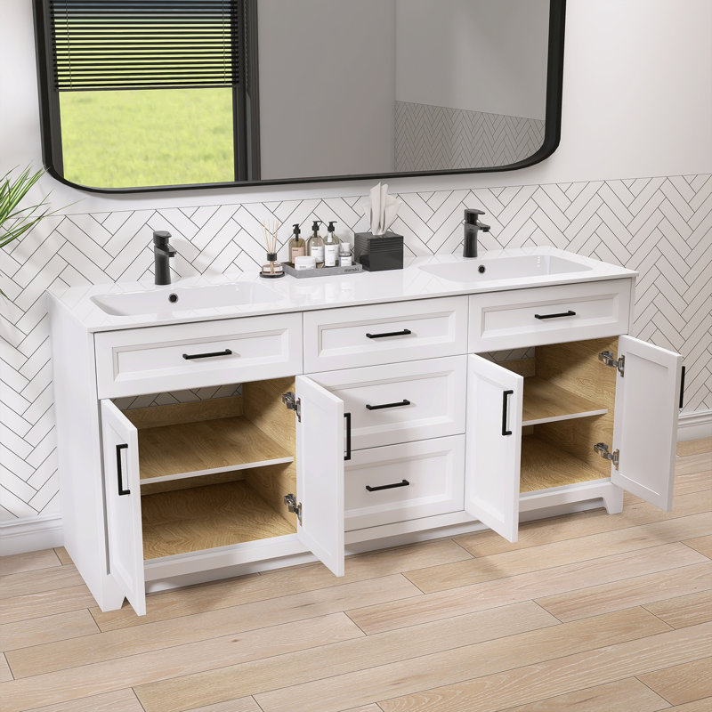 Qualik 72 Inch Double Bathroom Vanity with Solid Surface Sink Set, White