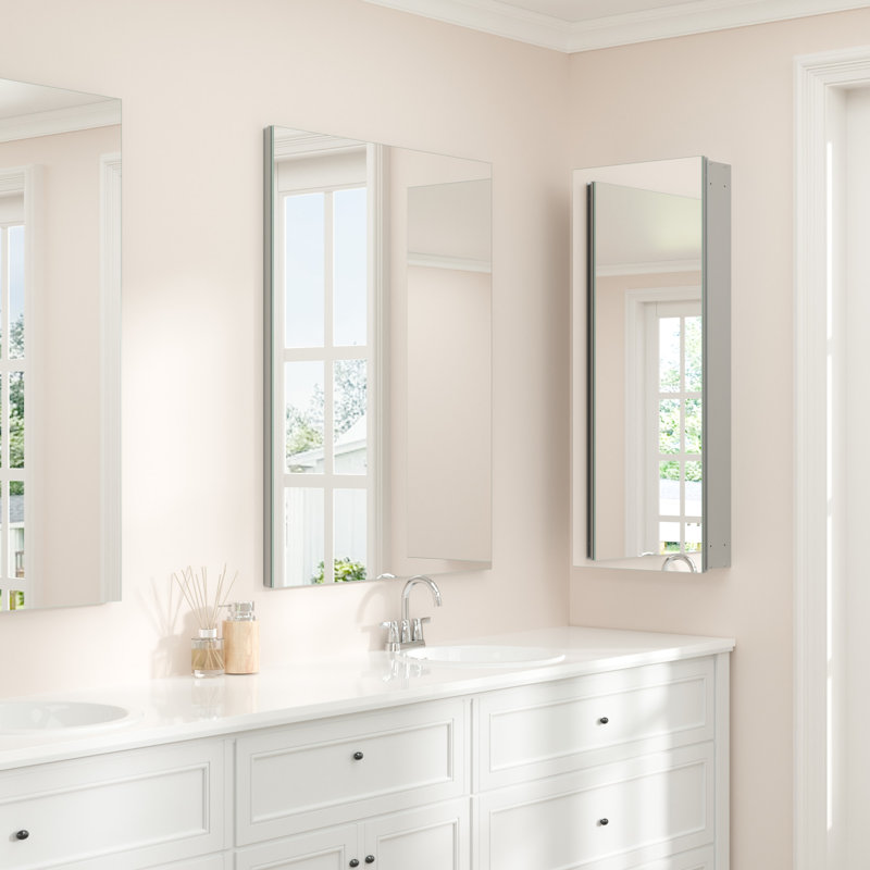 Husai Recessed or Surface Mount Aluminum Frameless Medicine Cabinet With Mirrored Door and Adjustable Shelves, Silver