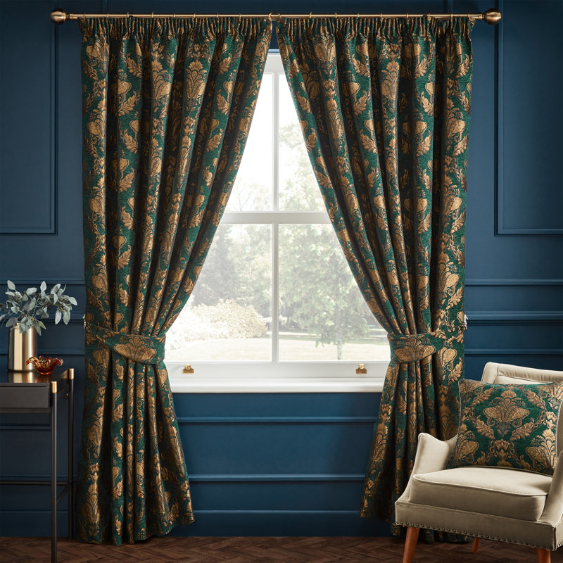 Shiraz Floral Damask Pencil Pleat Curtains, Emerald, Width 168 x Drop 229cm