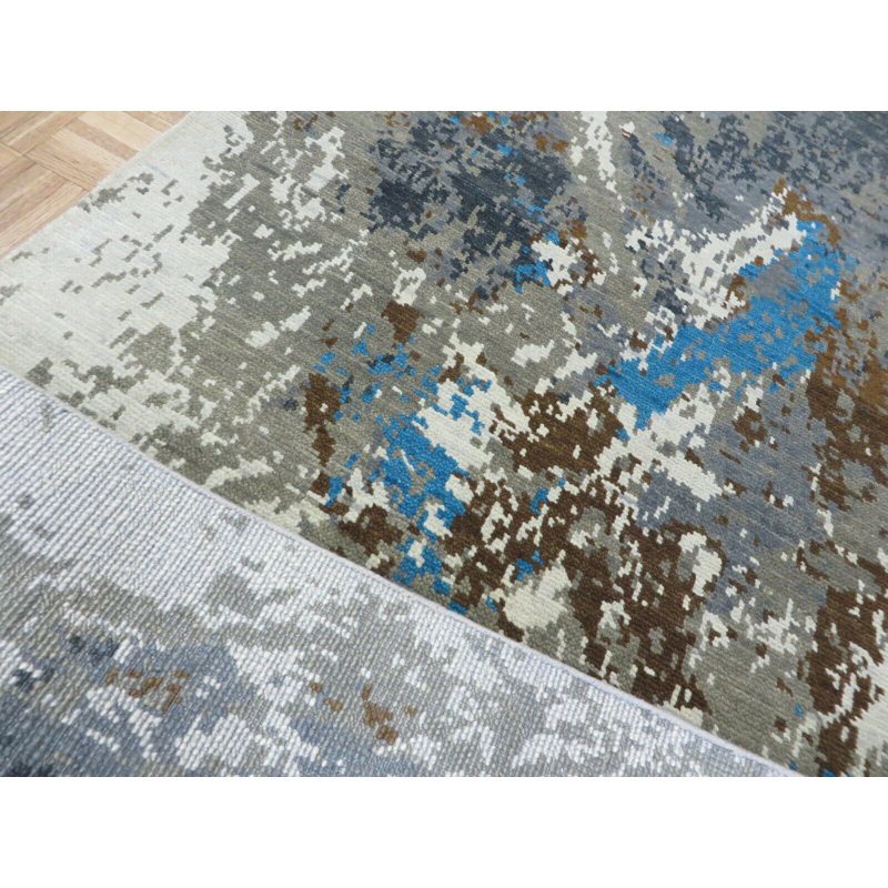 Tapis gris en laine noué à la main de conception unique 5 pi x 8 pi 3 po Eastvale