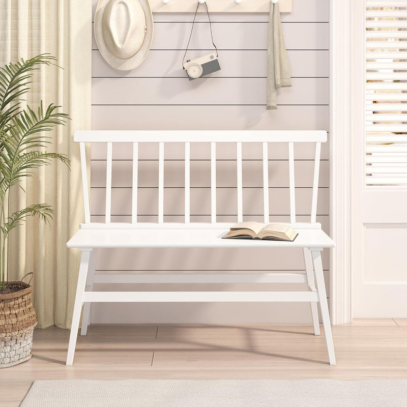 Bamboo Entryway Bench, Farmhouse Dining Bench with Spindle Back Wood Windsor for Foyer Balcony Living Room , White