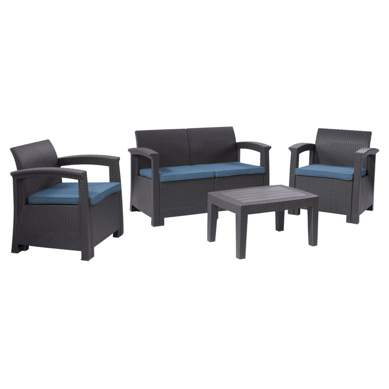 Ensemble de conversation en osier / rotin pour 4 personnes avec coussins Jeramya, Bleu