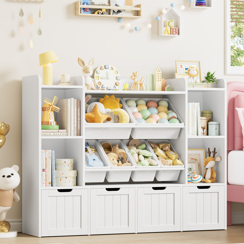 55.1"W Kids Bookcase with 4 Removable Drawers, Cube Organizer, White, White