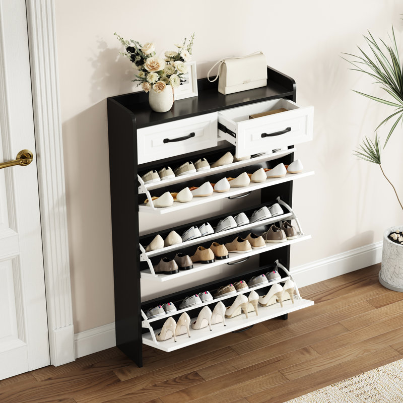 Modern Black Flip Drawer Entrance Shoe Rack With 2 Drawers, Large Space For Arrangement In Small Foyers Minimalist Adjustable Compartments, Suitable Corridors