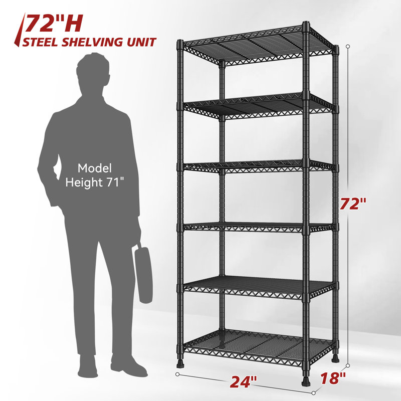 Étagère en métal, étagère de rangement réglable à 6 niveaux, H 72 po x l 24 po x P 18 po