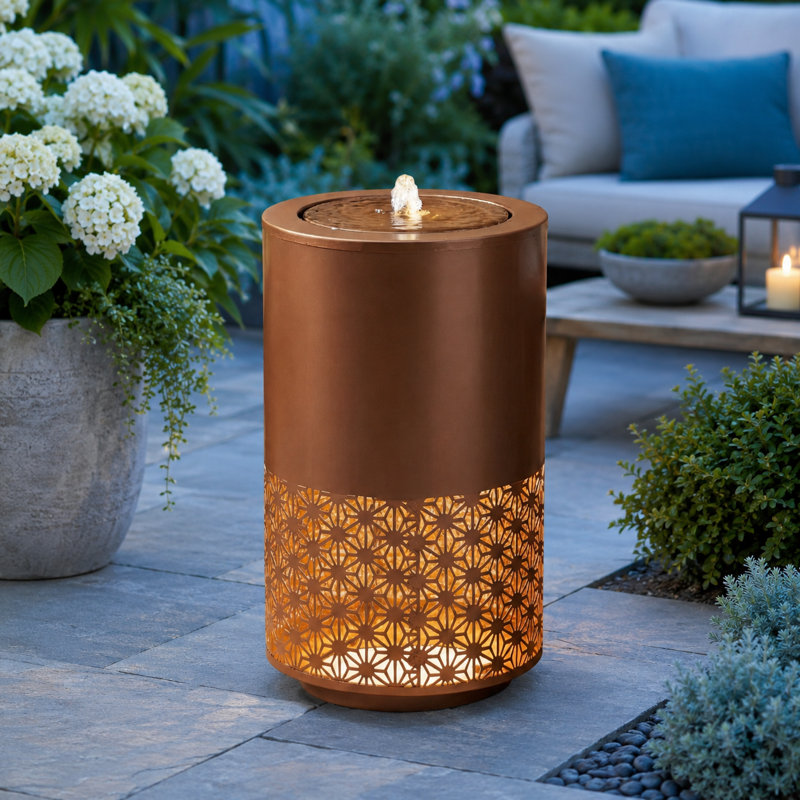 Cylindrical Brown Metal Outdoor Fountain with LED Light and Cutout Accent