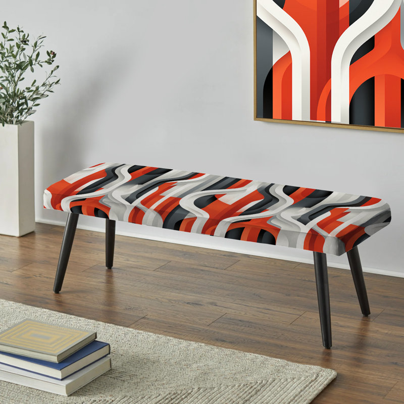 Grey And Red Geometric - Striped Upholstered Black Bench