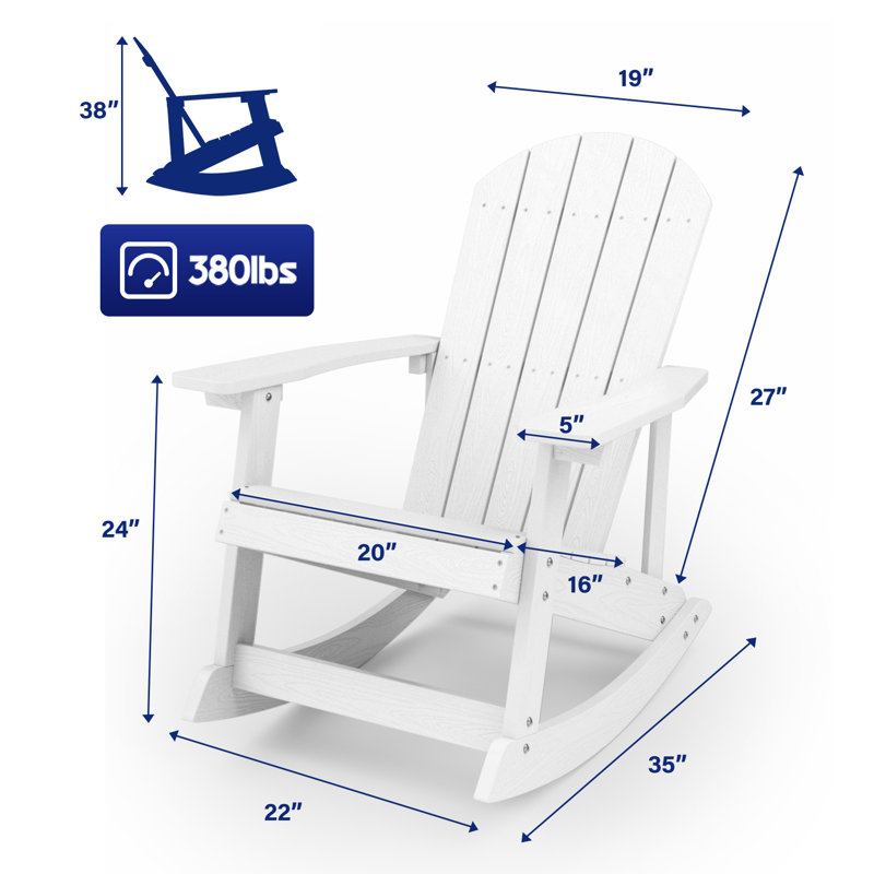 Harada Outdoor Adirondack Rocking Chair HIPS All Weather Oversized Plastic Patio Chair Rocker, White