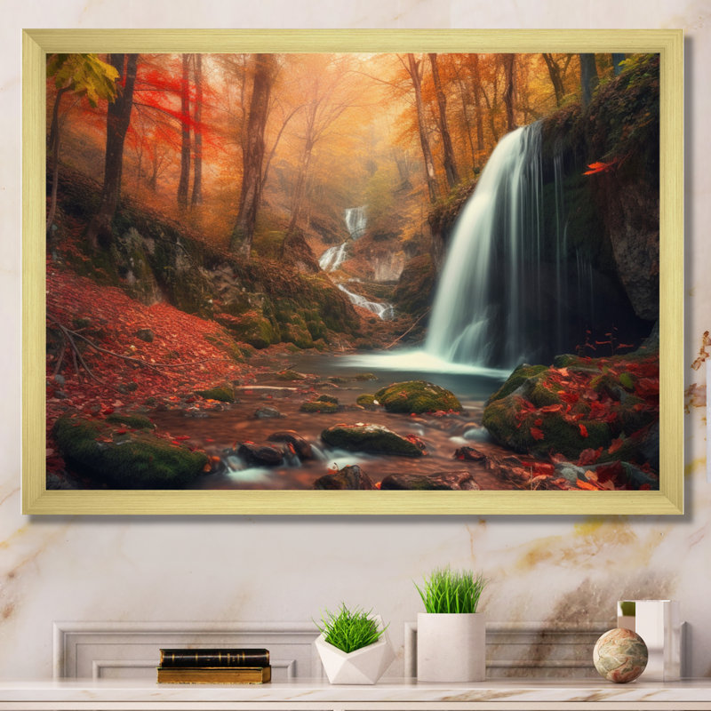 Chute d'eau dans la forêt d'automne II - impression, Cadre doré à une seule photo, H 16 po x l 32 po x P 1 po