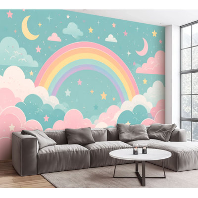 Wall Mural Peel and Stick Wallpaper Pastel Rainbow Cloud Sky Stars Moon Dreamy Self-Adhesive Removable Contact Paper Wall Decor for Living Room Bedroom 100"H x 144"W