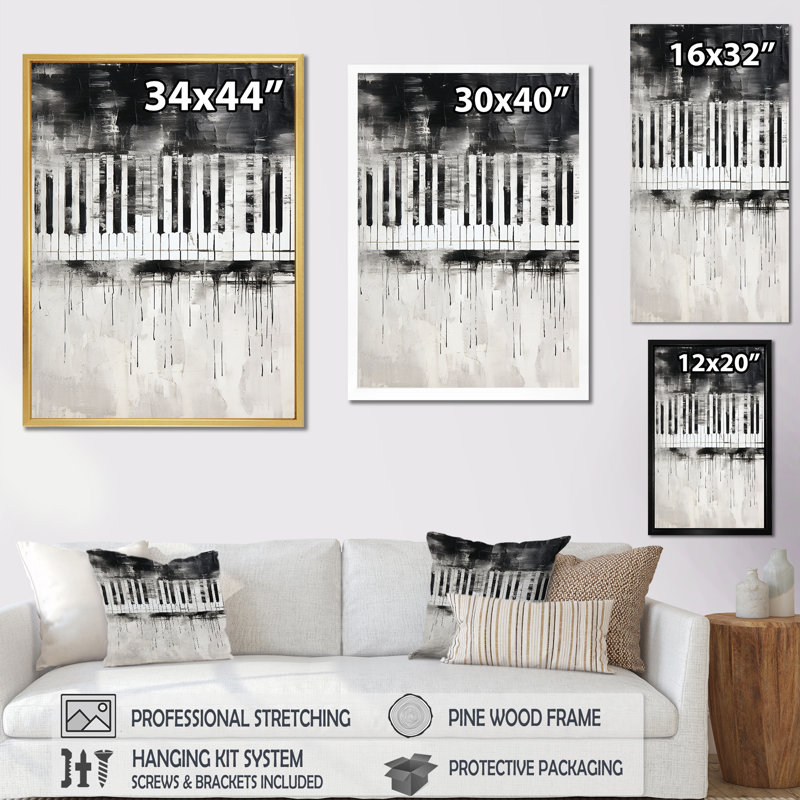 «Piano Keys Tranquility Midnight Black» sur toile, Cadre doré simple, H 20 po x l 12 po x P 1 po