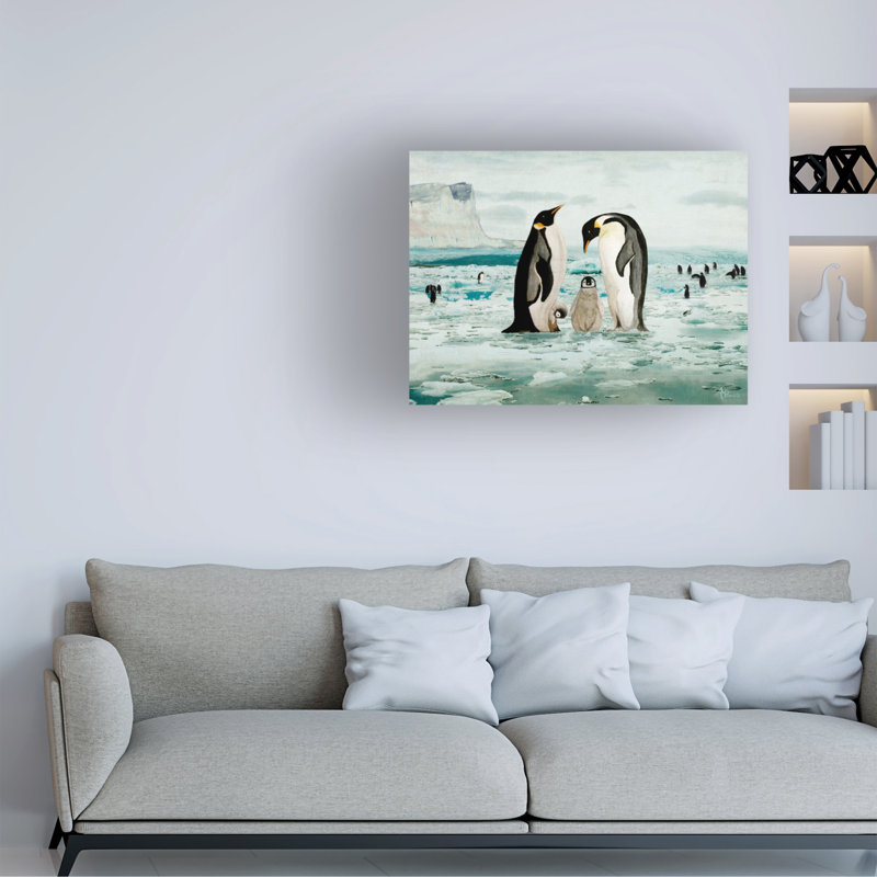 Angeles M. Pomata, famille de manchots empereurs sur toile, H 18 po x l 24 po x P 2 po