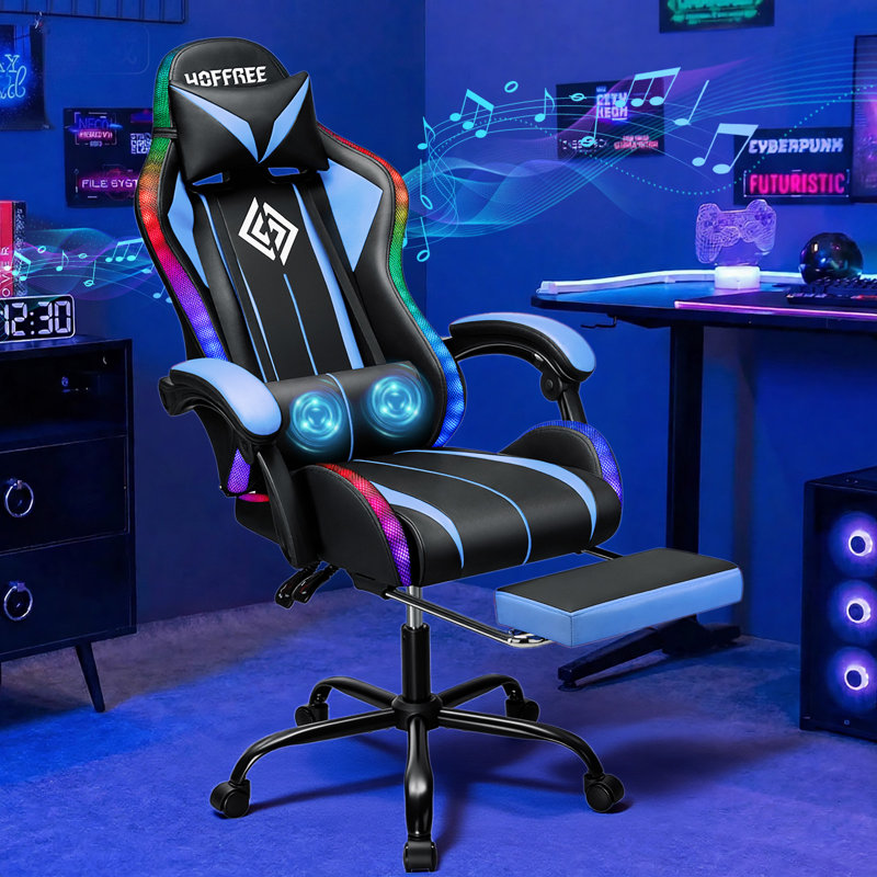 Fauteuil de jeu inclinable et ergonomique en cuir avec haut-parleurs intégrés et lumières DEL Hoffree, Bleu et noir