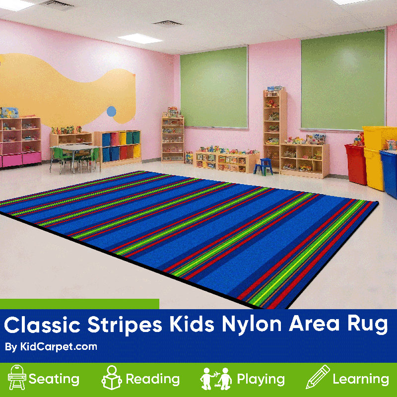 KidCarpet Classic Stripes Rug, Blue Classroom Carpet for Kids' Room or Preschool Area, Rectangle 6' x 8'6"