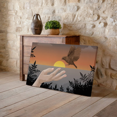 Canvas A Serene Illustrative Scene Depicting A Gentle Hand Reaching Out Wall Art Towards A Small Brown Bird In Mid Flight Capturing A Canvas Wall Art