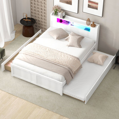 Grand lit plateforme en bois avec rangement à DEL, 2 tiroirs et 1 lit gigogne simple, blanc