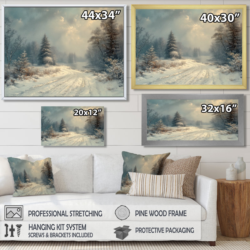«White Grey Winter route into forest III - Winter Landscape», art mural sur toile, H 24 po x l 32 po, Cadre simple noir