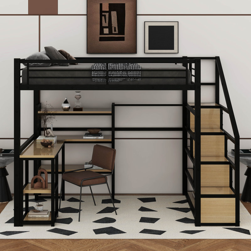 Lit mezzanine double en métal avec escalier, bureau intégré et tablettes
