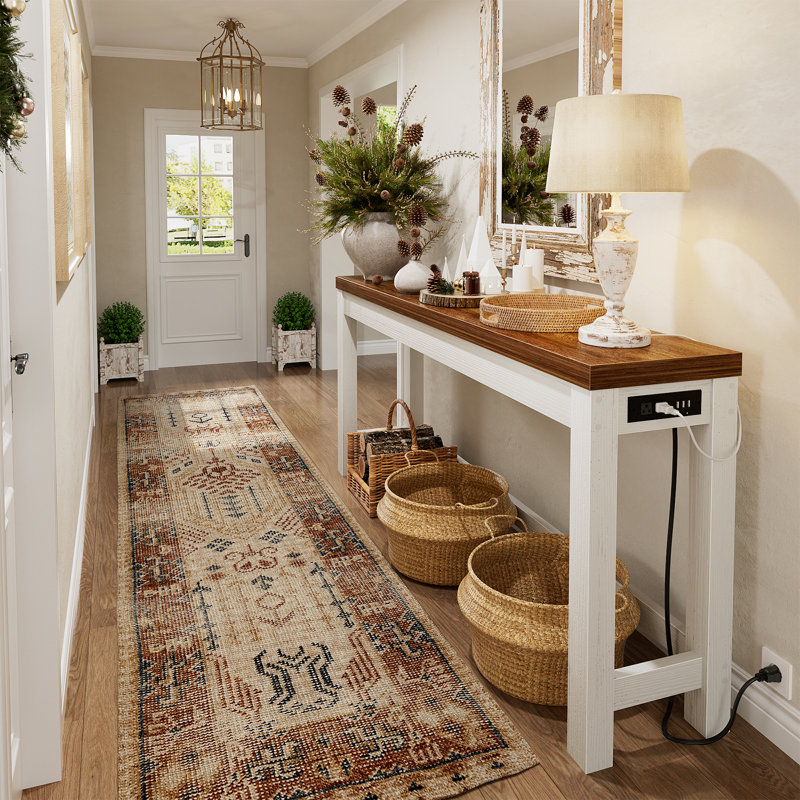 63 Inch Console Table with Outlet, White, Brown Oak