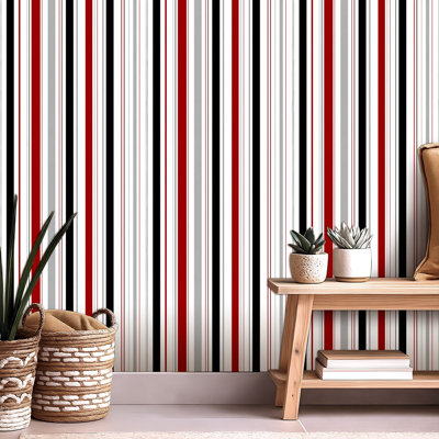 Peel and Stick Wallpaper Contact Paper Stripe seamless black red white grey vertical parallel colors stripe Self Adhesive and Removable 24in x 118in(60x300cm)