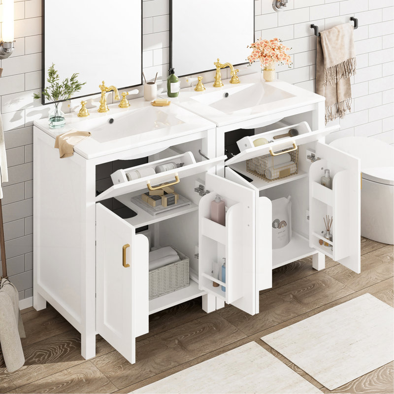 Meuble-lavabo moderne de 48 pouces avec lavabo en céramique, portes à fermeture en douceur, tiroir rabattable, tablettes de porte à double couche, solution de rangement élégante