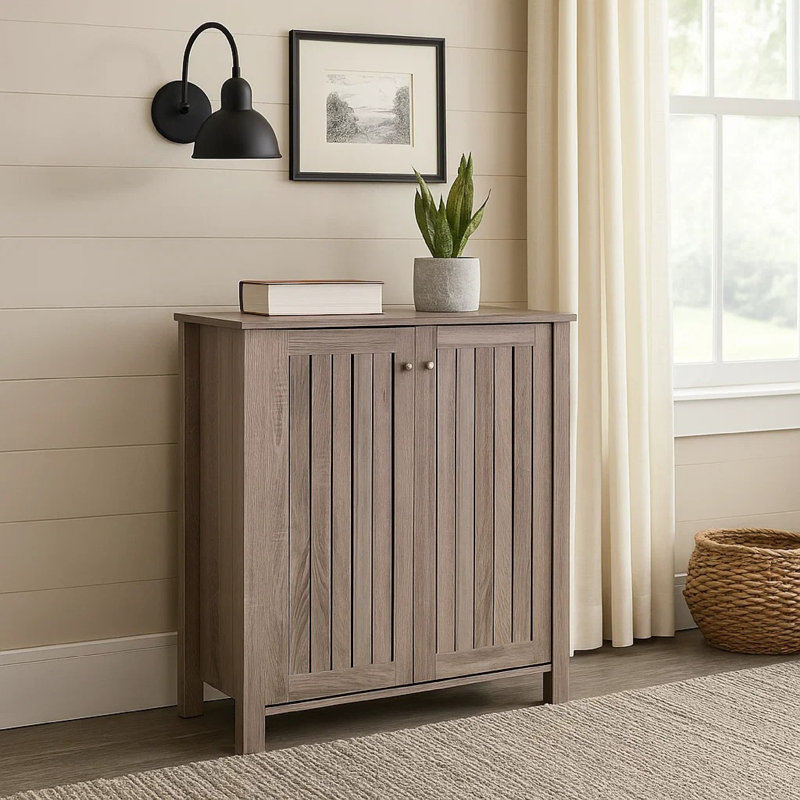 Shoe Rack Cabinet, 34 Inch Slatted Vented Doors, Dark Taupe Finish