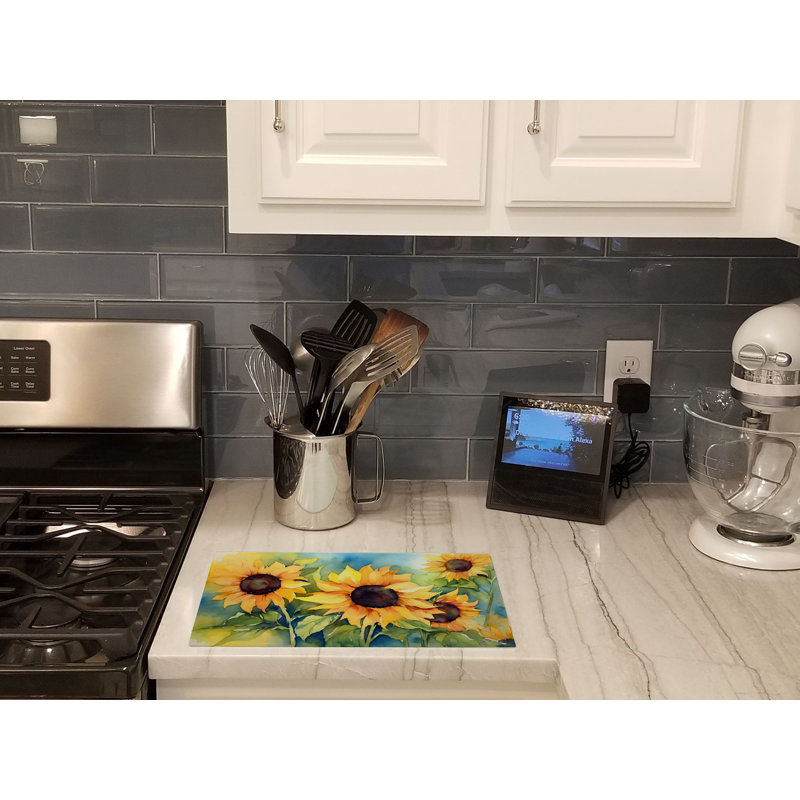 Large Tempered Glass Cutting Board with Sunflower Watercolor Design