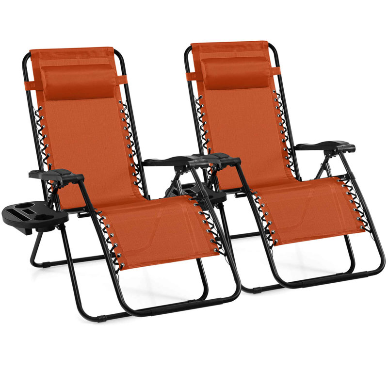 2 chaises longues pliantes, inclinables et sans gravité pour terrasse et plateau utilitaire orange