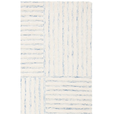 Tapis rayé bleu / ivoire en laine touffetée à la main Asgari