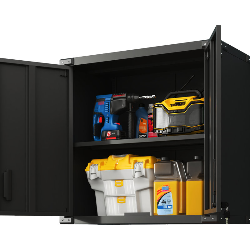 Wall Mounted Metal Tool Holder Cabinet. 2 Locking Doors, 1 Adjustable Shelf, Opened Drawer. For Garage, Office. , Black, Modern Storage Cabinet With Mount Option. Warehouse. Space Efficient
