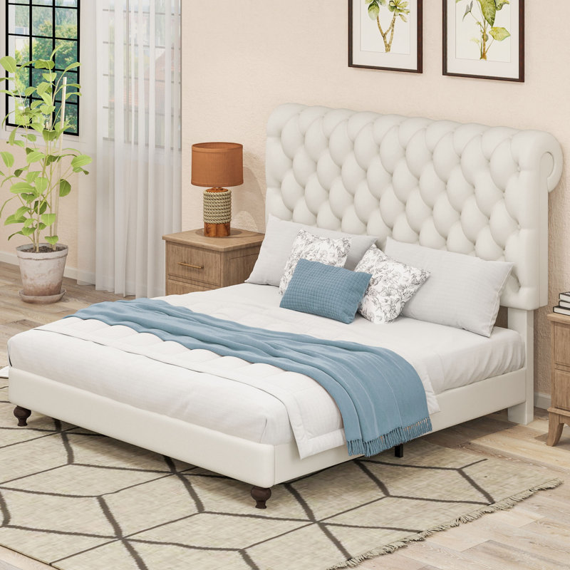 Lark Manor™ PU Upholstered Platform Bed Frame With 54'' H Headboard & Solid Wood Leg, Button Tufted, Brown, King
