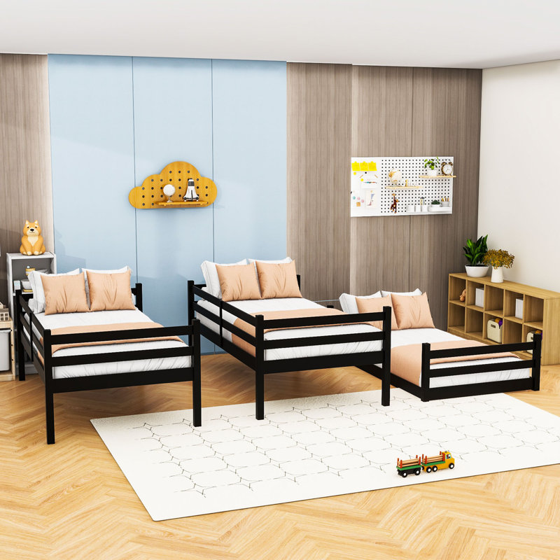 Twin Over Twin Over Twin Wooden Bunk Bed With Detachable Design And Ladder, Black