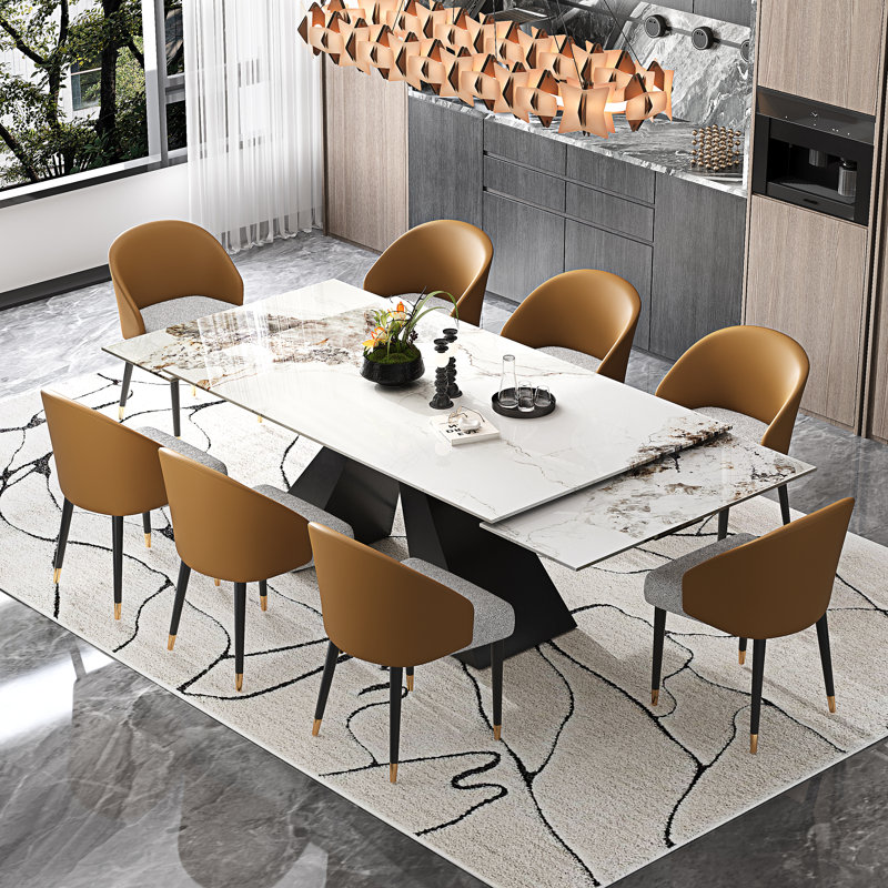 Modern Dining Table Set With 94.5'' Extendable Faux Marble Top And 8 Faux Leather Dining Chairs, Chanel, Yellow